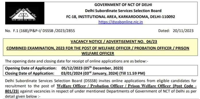 Delhi Subordinate Services Selection Board Bharti 2023